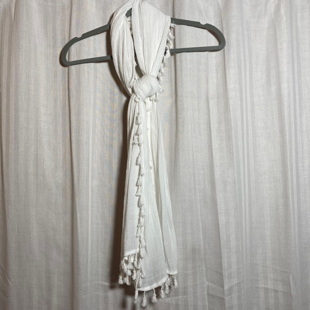 Sheer Boho Scarf Sarong White Crinkle‎ Gauze with Tassel Trim Wrap Beach SHEIN